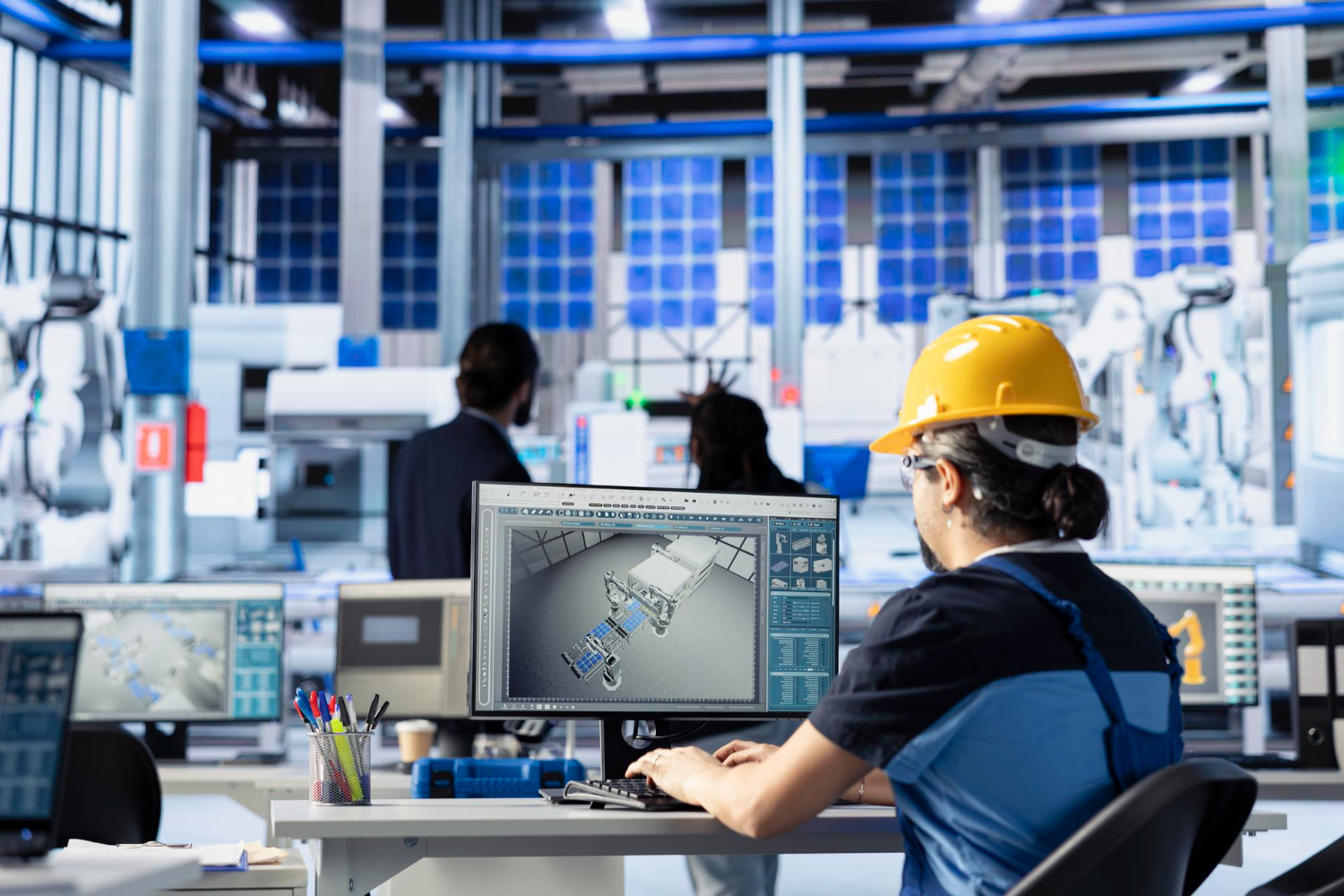 Engineer reviewing a technical drawing on a CAD workstation